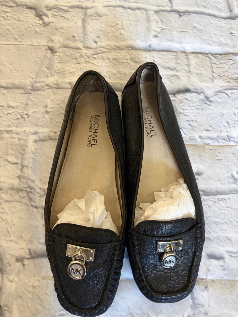 Michael Kors Black Leather Loafers with Silver MK Medallion - Picture 3 of 6